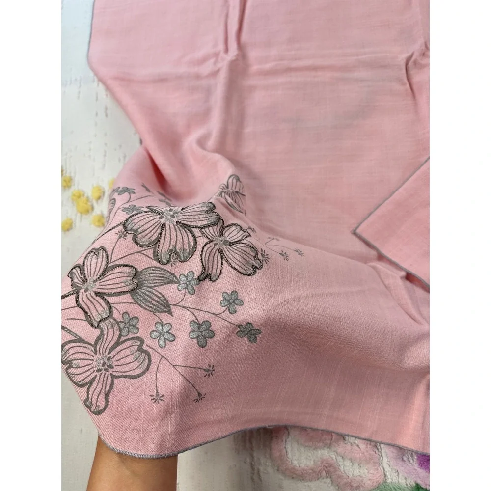 Vintage Pink Square Tablecloth Silver Floral Dogwood Graphic 36x36 Scarf Wrap